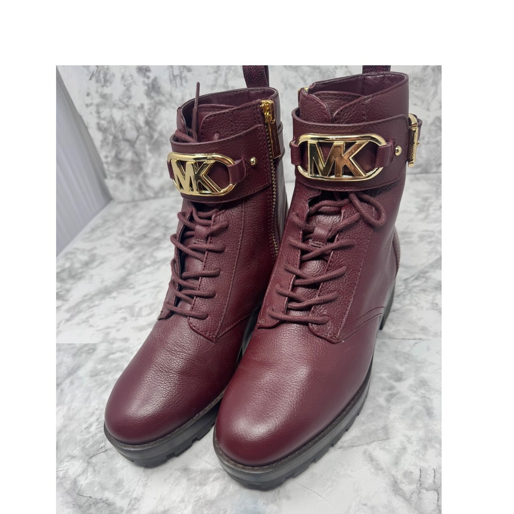 Michael Kors Burgundy Leather Lace Up Combat Boots Gold MK Logo Size 6.5M - Picture 9 of 10